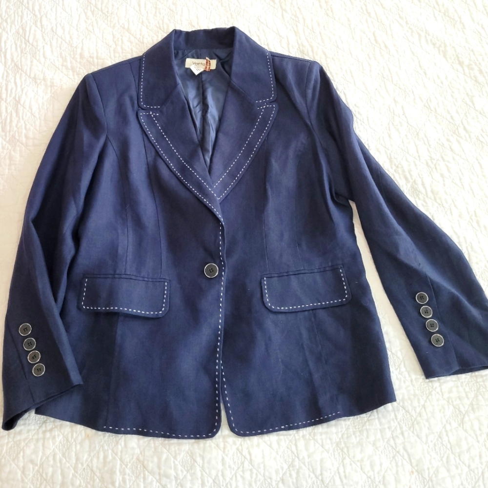 Vantarsi vintage shoulderpads oversized navy linen blazer white stitching fit Lg